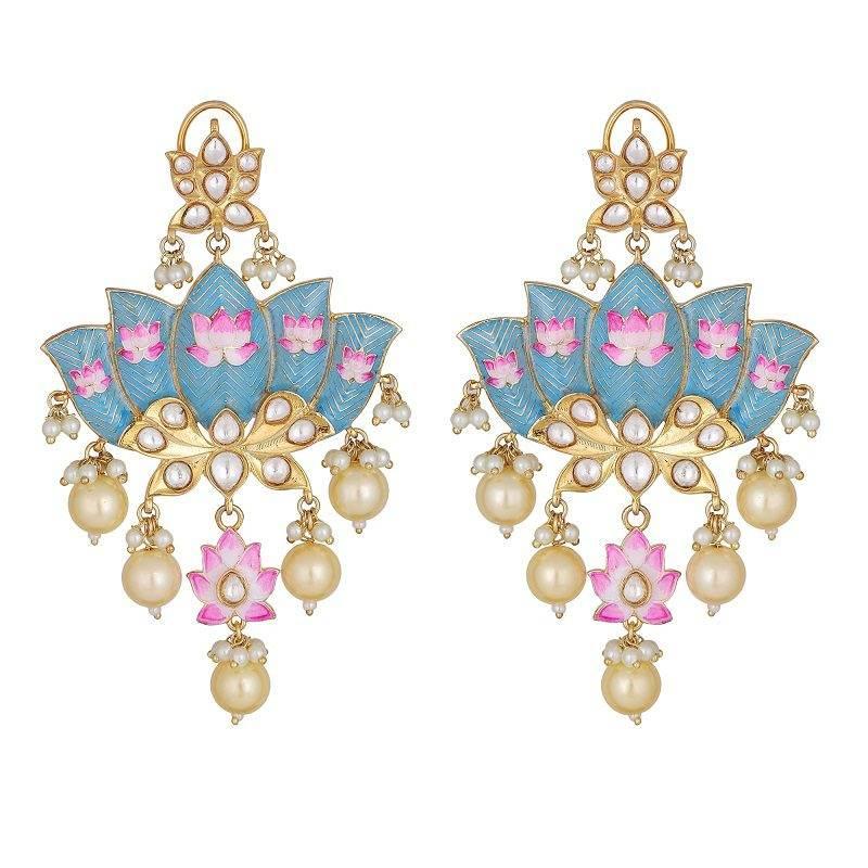 Exquisite Lotus Motif Enamel Chandelier Earrings - Auraa Trends