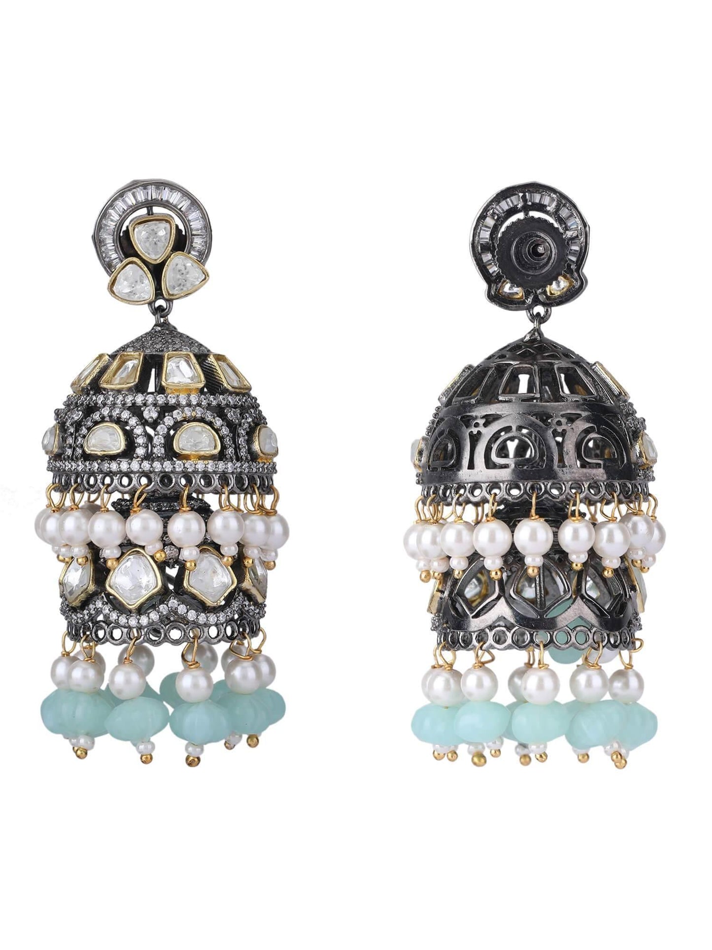 Exquisite Moissanite Silver-Plated Jhumka Earrings with Aqua Beads - Auraa Trends
