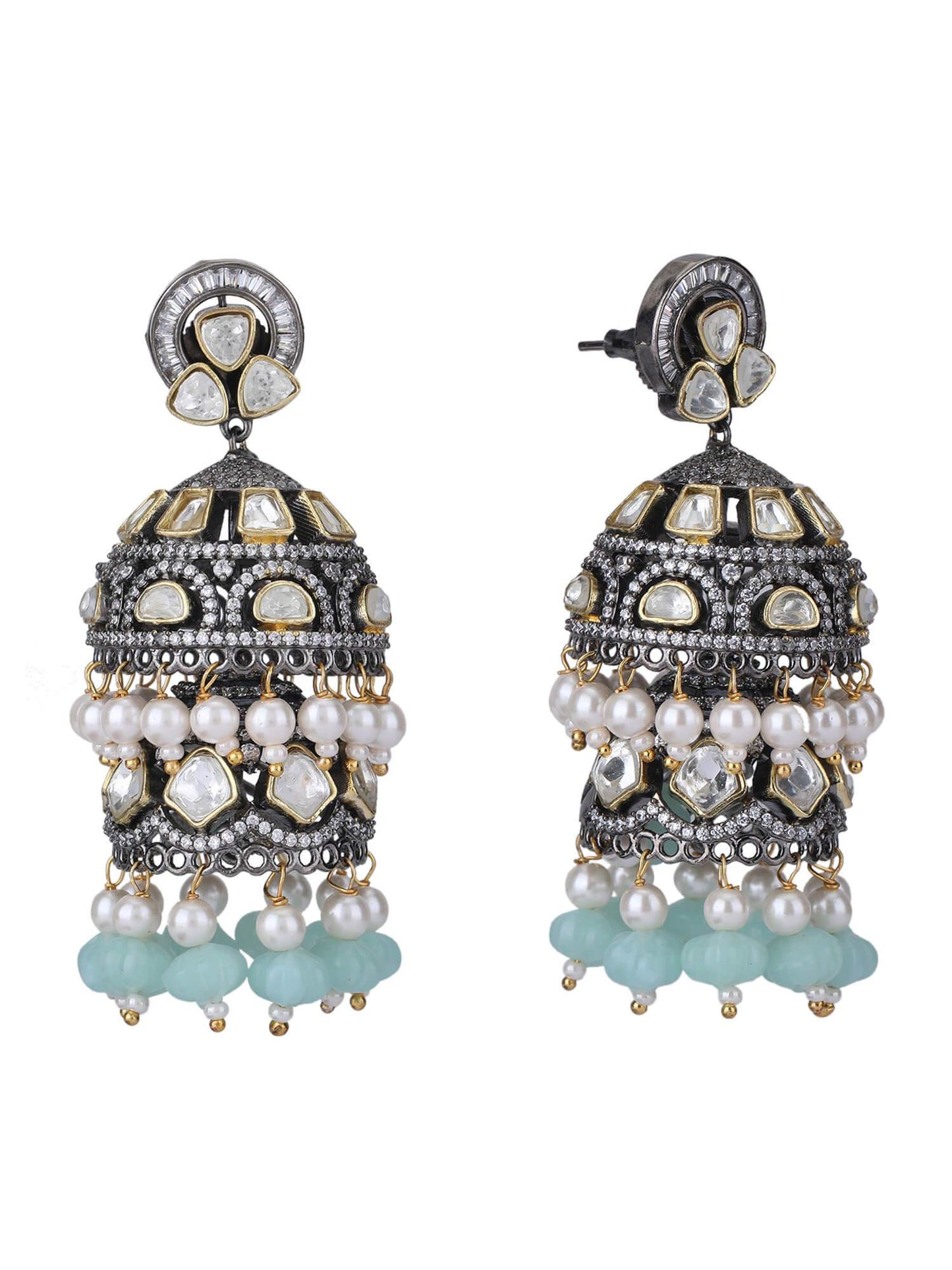 Exquisite Moissanite Silver-Plated Jhumka Earrings with Aqua Beads - Auraa Trends