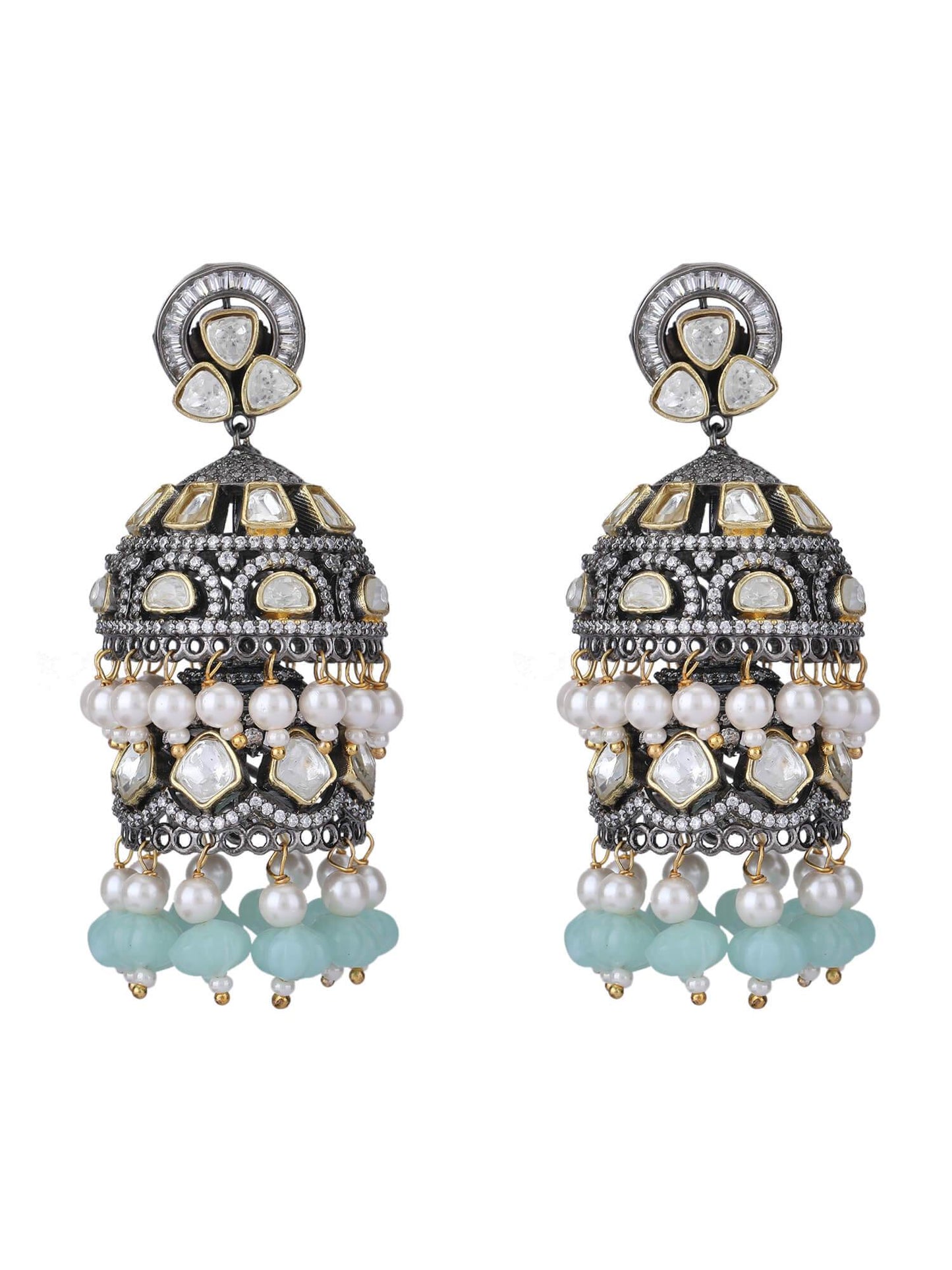 Exquisite Moissanite Silver-Plated Jhumka Earrings with Aqua Beads - Auraa Trends