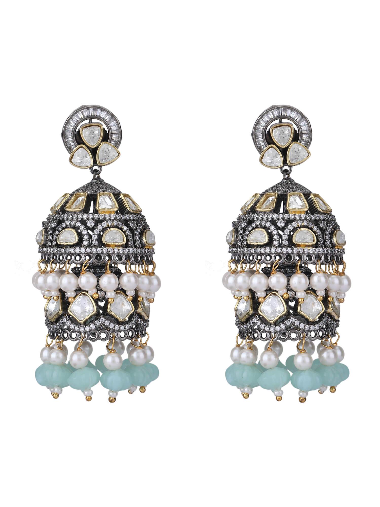 Exquisite Moissanite Silver-Plated Jhumka Earrings with Aqua Beads - Auraa Trends
