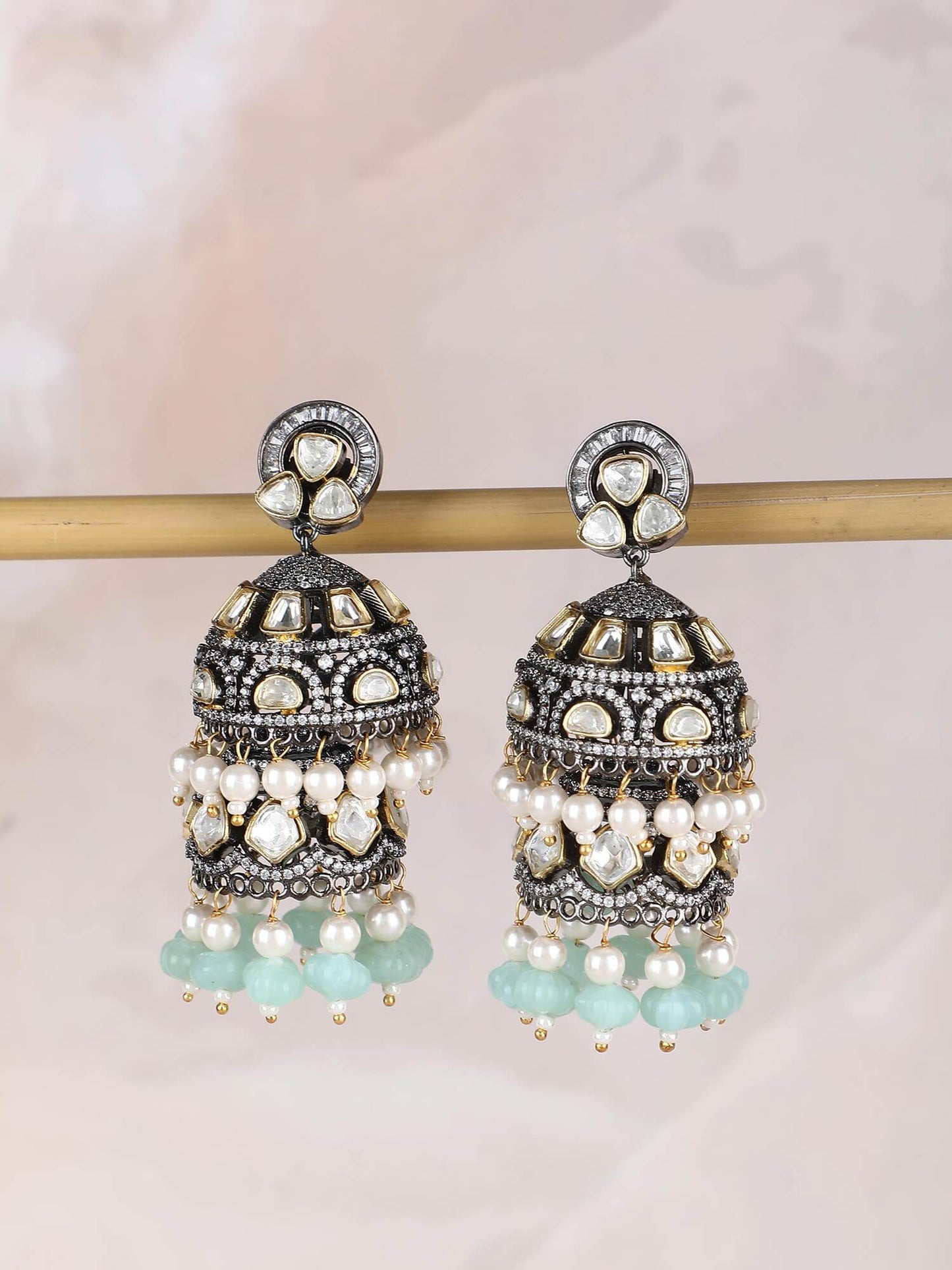Exquisite Moissanite Silver-Plated Jhumka Earrings with Aqua Beads - Auraa Trends