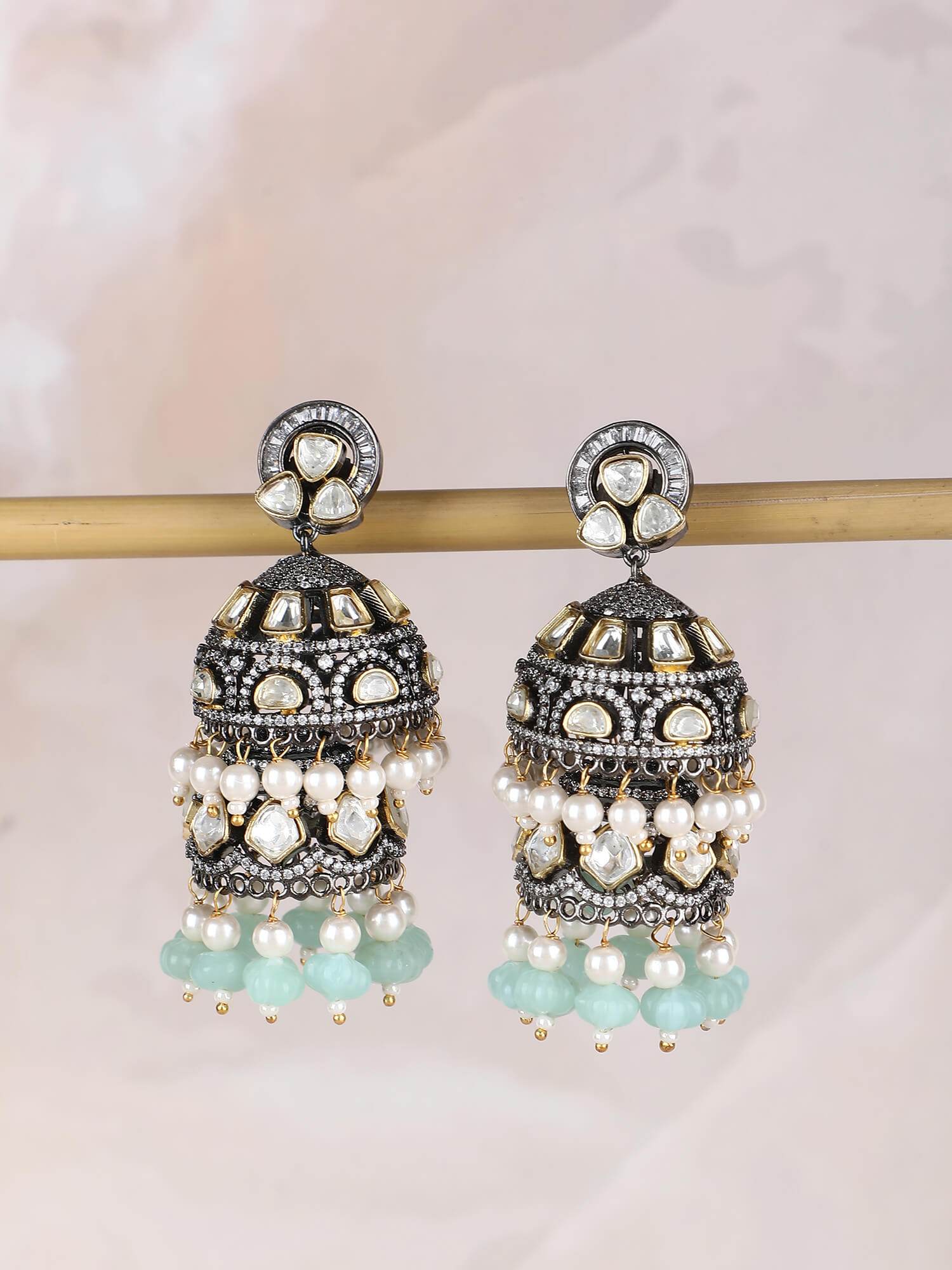 Exquisite Moissanite Silver-Plated Jhumka Earrings with Aqua Beads - Auraa Trends