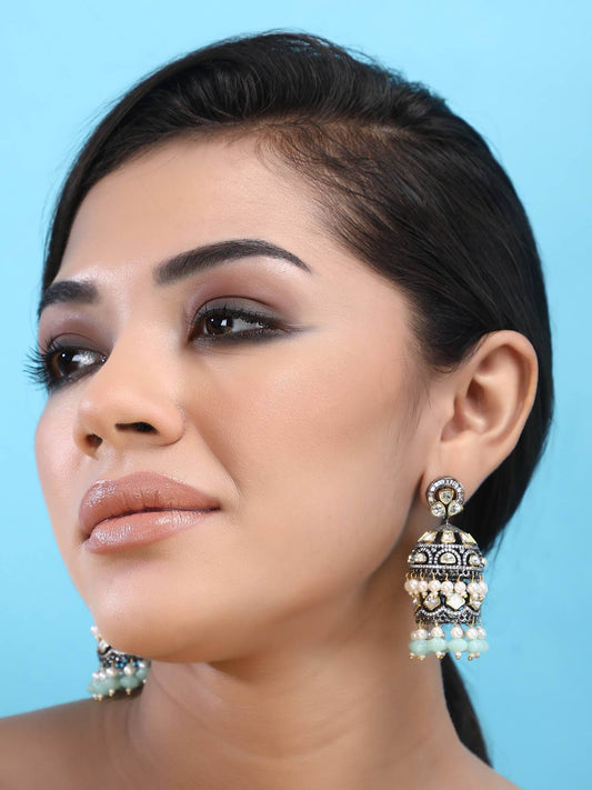 Exquisite Moissanite Silver-Plated Jhumka Earrings with Aqua Beads - Auraa Trends