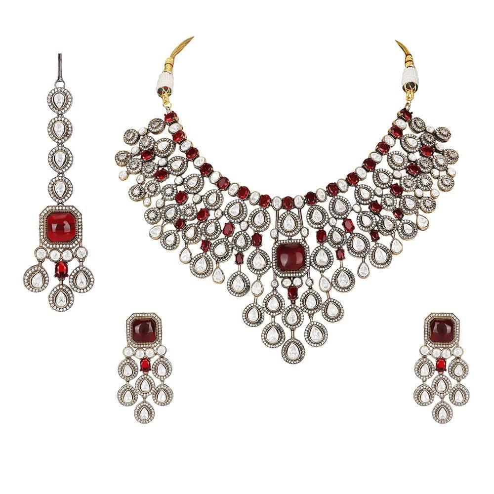 Exquisite Ruby and Polki Bridal Necklace Set with Earrings - Auraa Trends