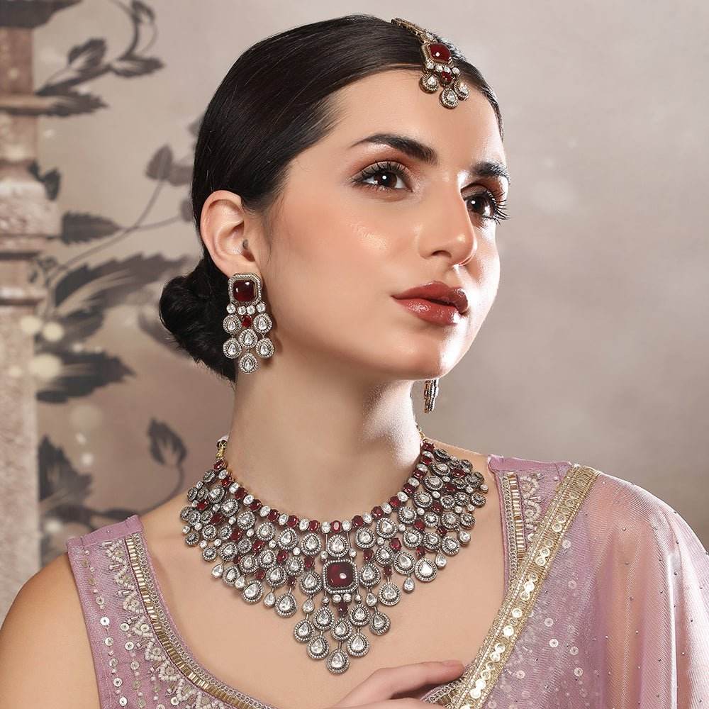 Exquisite Ruby and Polki Bridal Necklace Set with Earrings - Auraa Trends