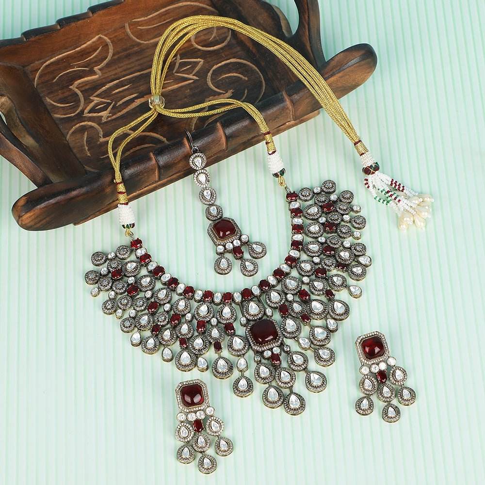 Exquisite Ruby and Polki Bridal Necklace Set with Earrings - Auraa Trends