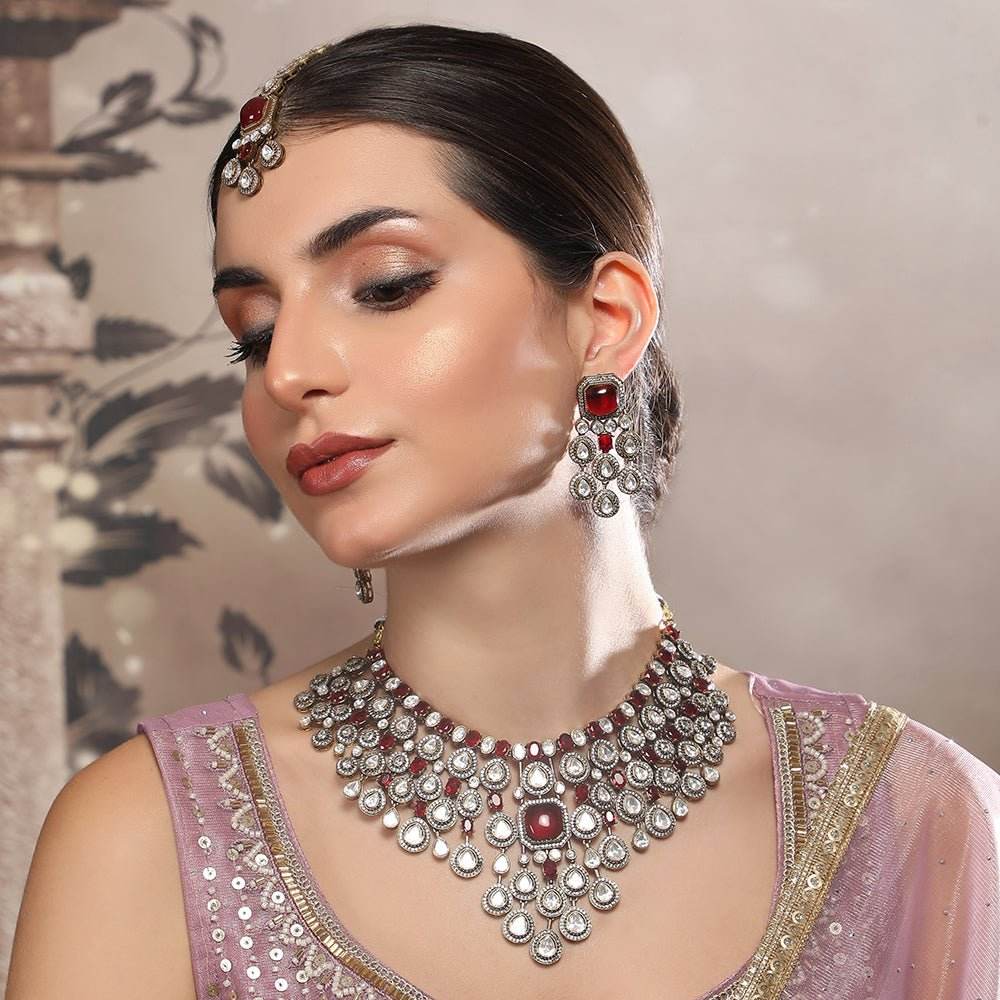 Exquisite Ruby and Polki Bridal Necklace Set with Earrings - Auraa Trends