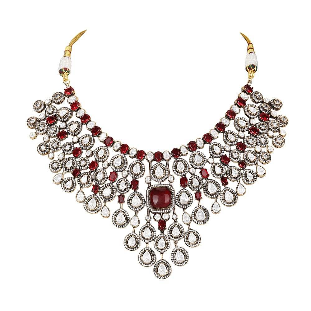Exquisite Ruby and Polki Bridal Necklace Set with Earrings - Auraa Trends