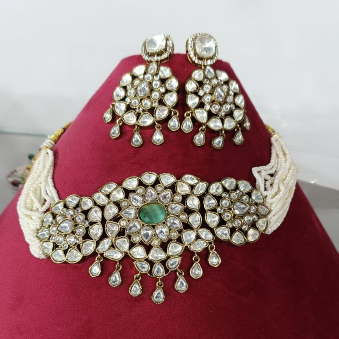Pearl Beaded Kundan Choker Necklace Set with Green Stone and Earrings – Traditional Bridal Jewelry"