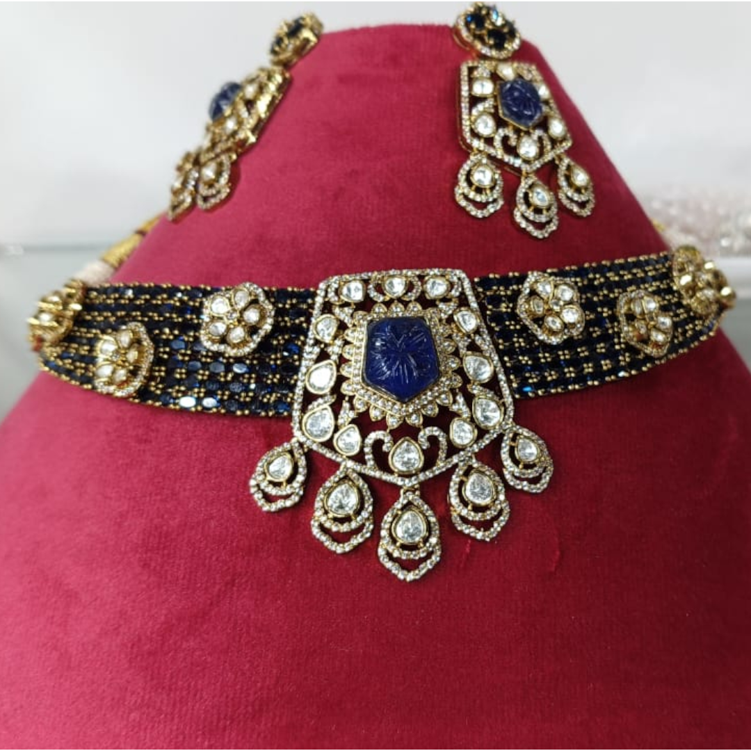 "Royal Blue Beaded Kundan Choker Necklace Set with Earrings – Traditional Indian Bridal Jewelry"