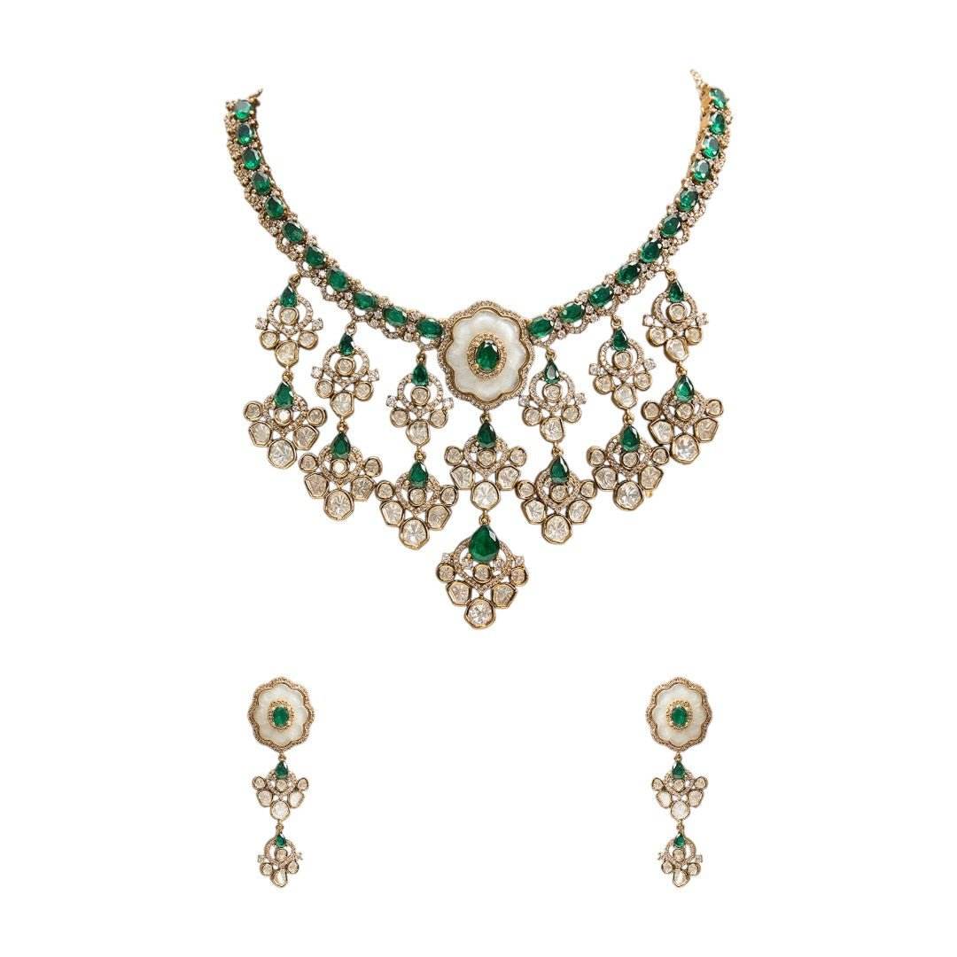 Floral Kundan Emerald Green Bridal Necklace Set – Pearl Drop Detailing - Auraa Trends