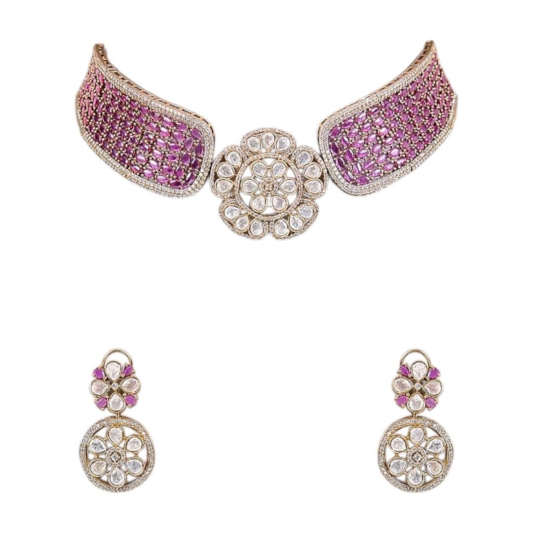 Floral Kundan & Magenta Stone Choker Necklace Set with Circular Drop Earrings for Women - Auraa Trends - Necklace Set - - Auraa Trends - "Gold - plated magenta choker necklace set with floral kundan motif and round drop earrings – ethnic jewelry for women"