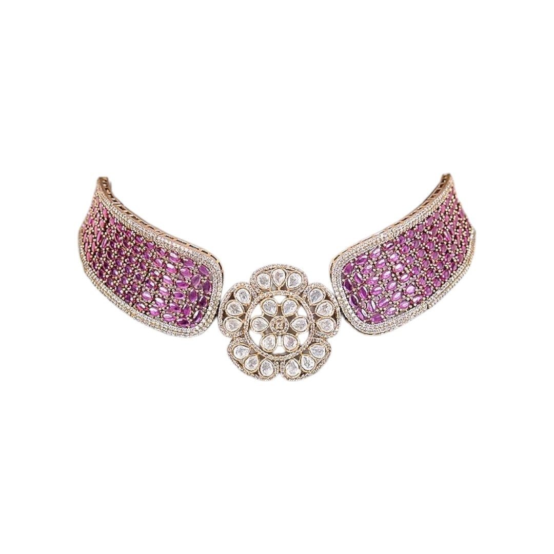 Floral Kundan & Magenta Stone Choker Necklace Set with Circular Drop Earrings for Women - Auraa Trends - Necklace Set - - Auraa Trends - "Gold - plated magenta choker necklace set with floral kundan motif and round drop earrings – ethnic jewelry for women"
