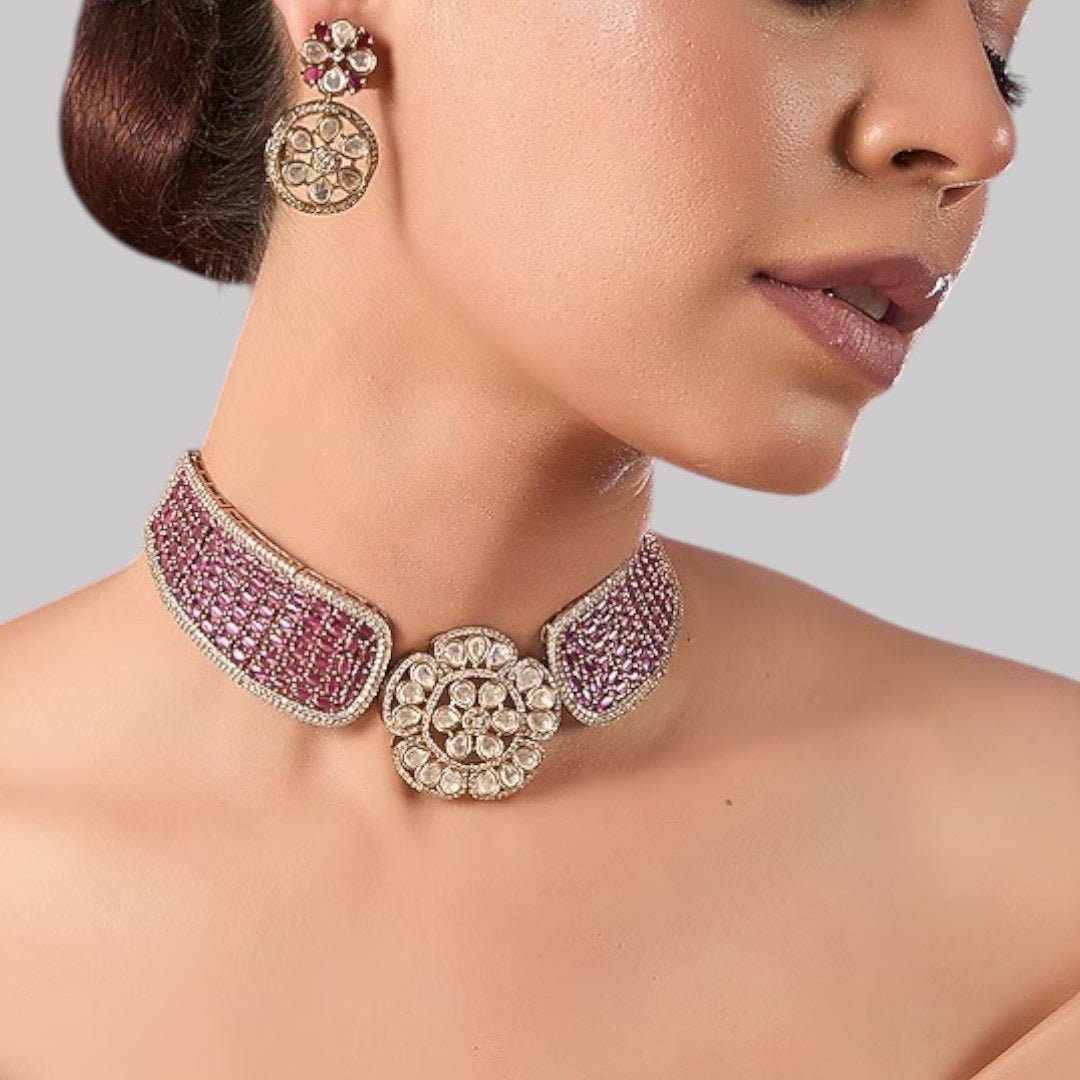 Floral Kundan & Magenta Stone Choker Necklace Set with Circular Drop Earrings for Women - Auraa Trends - Necklace Set - - Auraa Trends - "Gold - plated magenta choker necklace set with floral kundan motif and round drop earrings – ethnic jewelry for women"
