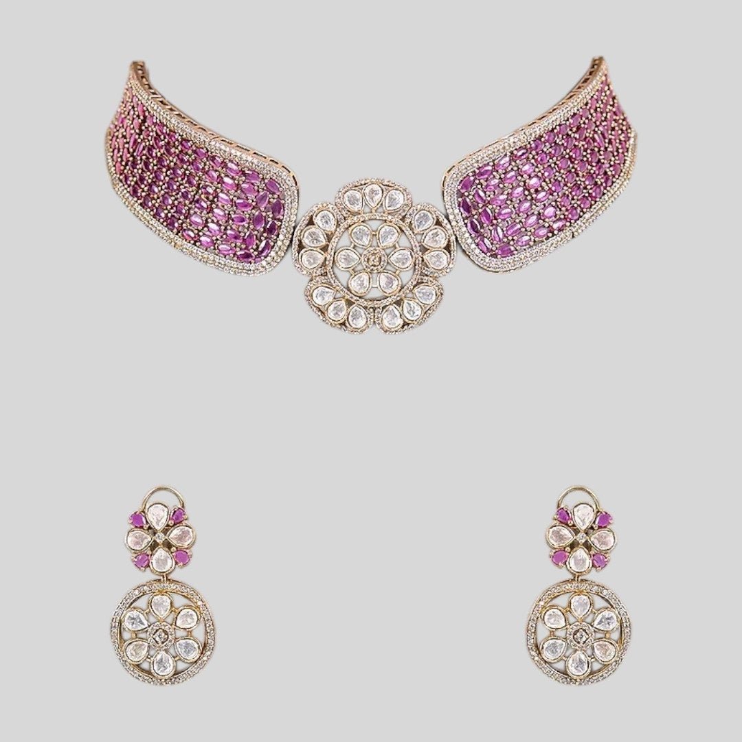Floral Kundan & Magenta Stone Choker Necklace Set with Circular Drop Earrings for Women - Auraa Trends - Necklace Set - - Auraa Trends - "Gold - plated magenta choker necklace set with floral kundan motif and round drop earrings – ethnic jewelry for women"