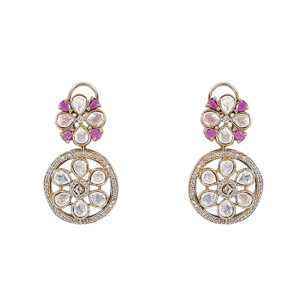 Floral Kundan & Magenta Stone Choker Necklace Set with Circular Drop Earrings for Women - Auraa Trends - Necklace Set - - Auraa Trends - "Gold - plated magenta choker necklace set with floral kundan motif and round drop earrings – ethnic jewelry for women"