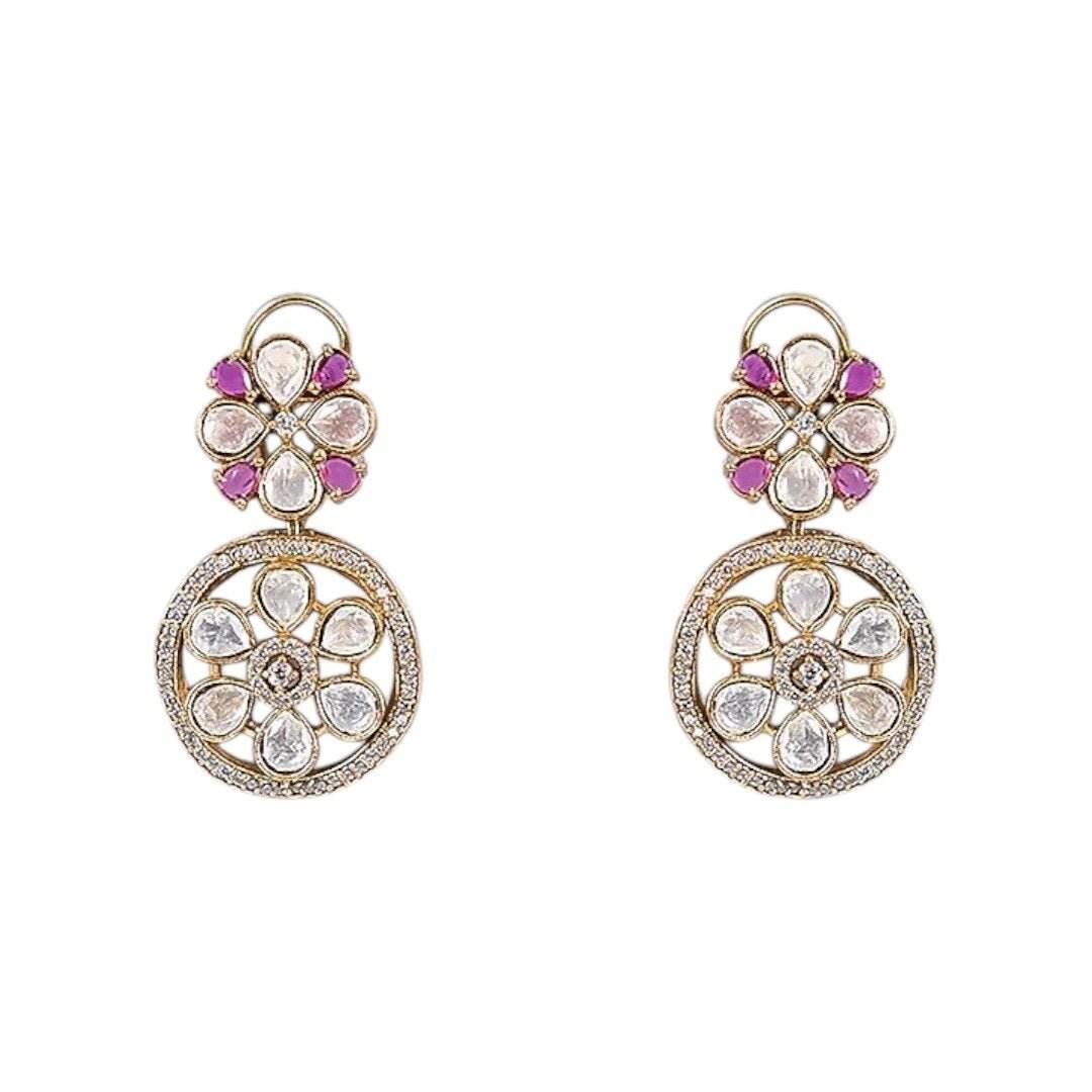 Floral Kundan & Magenta Stone Choker Necklace Set with Circular Drop Earrings for Women - Auraa Trends