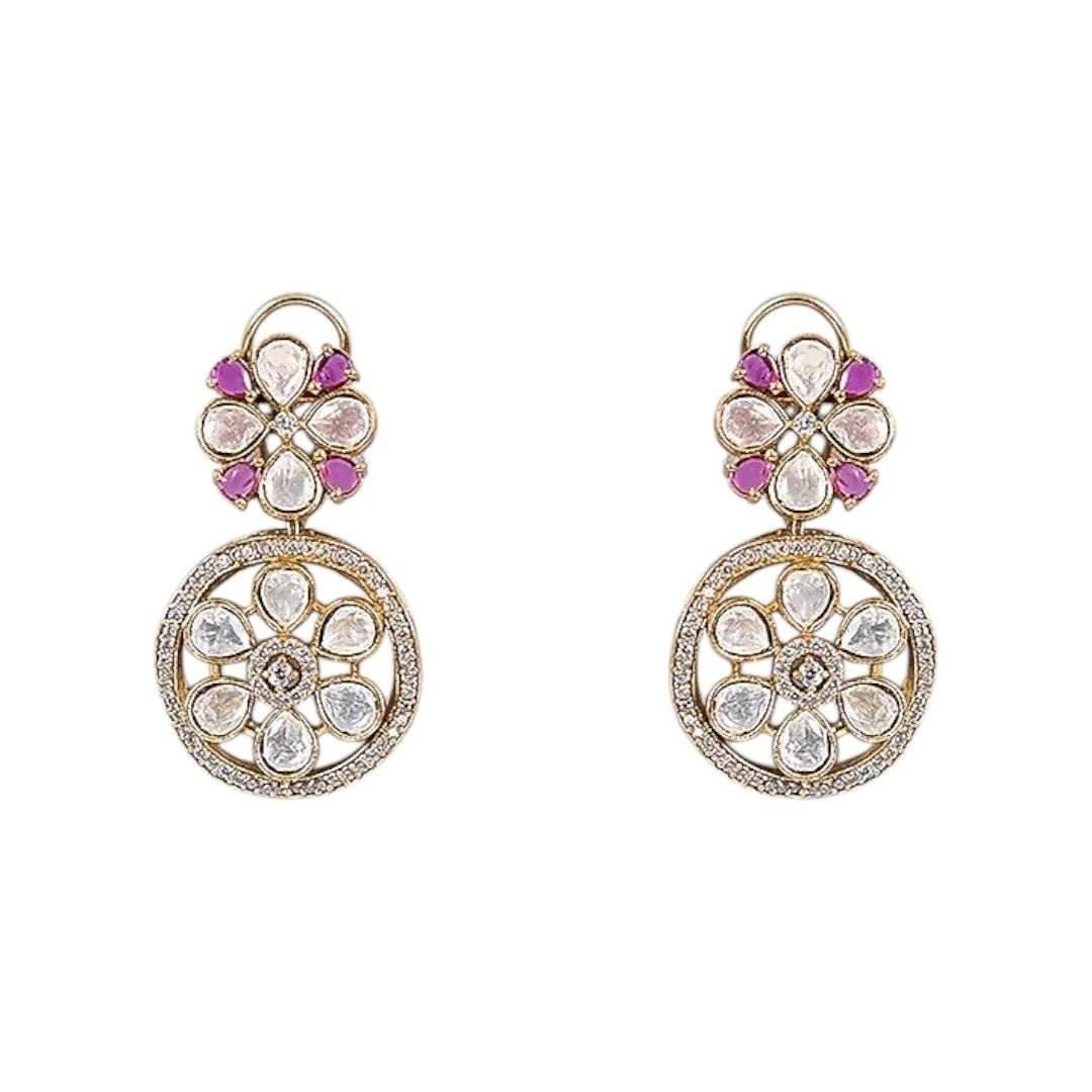 Floral Kundan & Magenta Stone Choker Necklace Set with Circular Drop Earrings for Women - Auraa Trends
