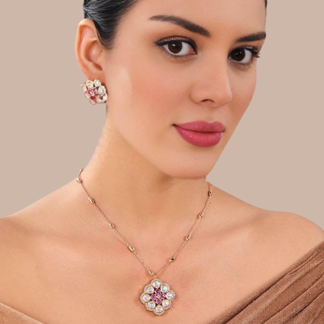 Floral Kundan Pendant Necklace and Earring Set - Auraa Trends - Pendant - # - Auraa Trends - Floral Kundan Pendant Necklace and Earring Set