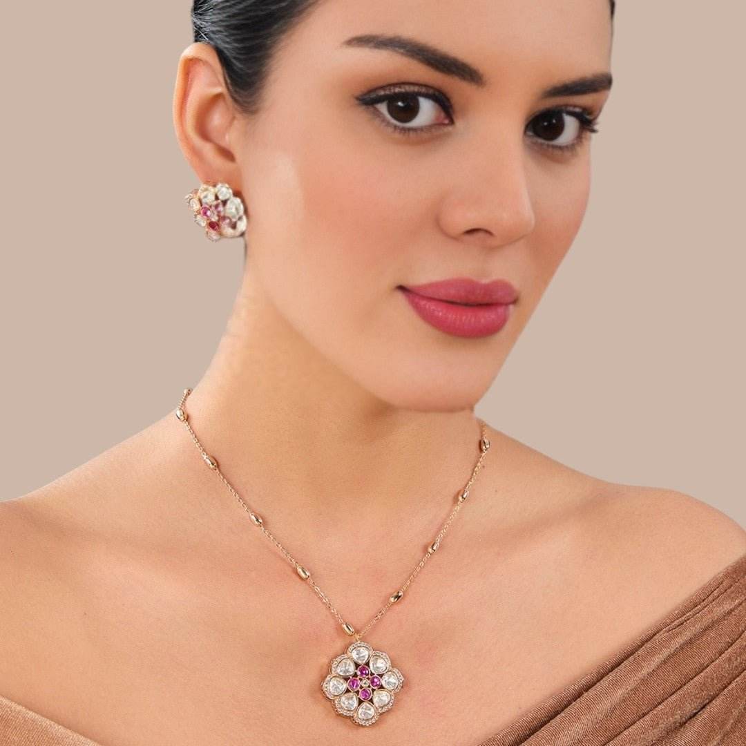 Floral Kundan Pendant Necklace and Earring Set - Auraa Trends