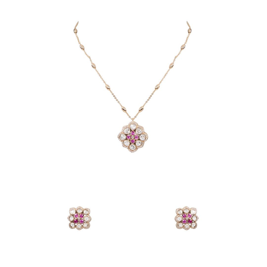Floral Kundan Pendant Necklace and Earring Set - Auraa Trends - Pendant - # - Auraa Trends - Floral Kundan Pendant Necklace and Earring Set