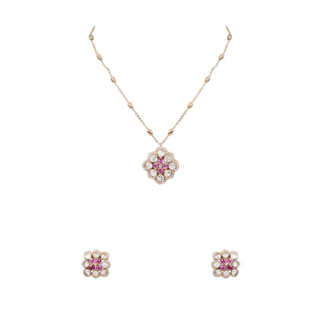 Floral Kundan Pendant Necklace and Earring Set - Auraa Trends