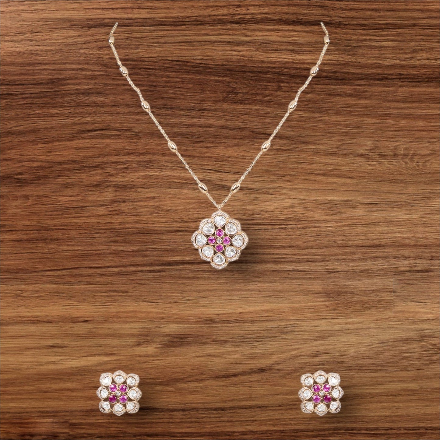 Floral Kundan Pendant Necklace and Earring Set - Auraa Trends - Pendant - # - Auraa Trends - Floral Kundan Pendant Necklace and Earring Set