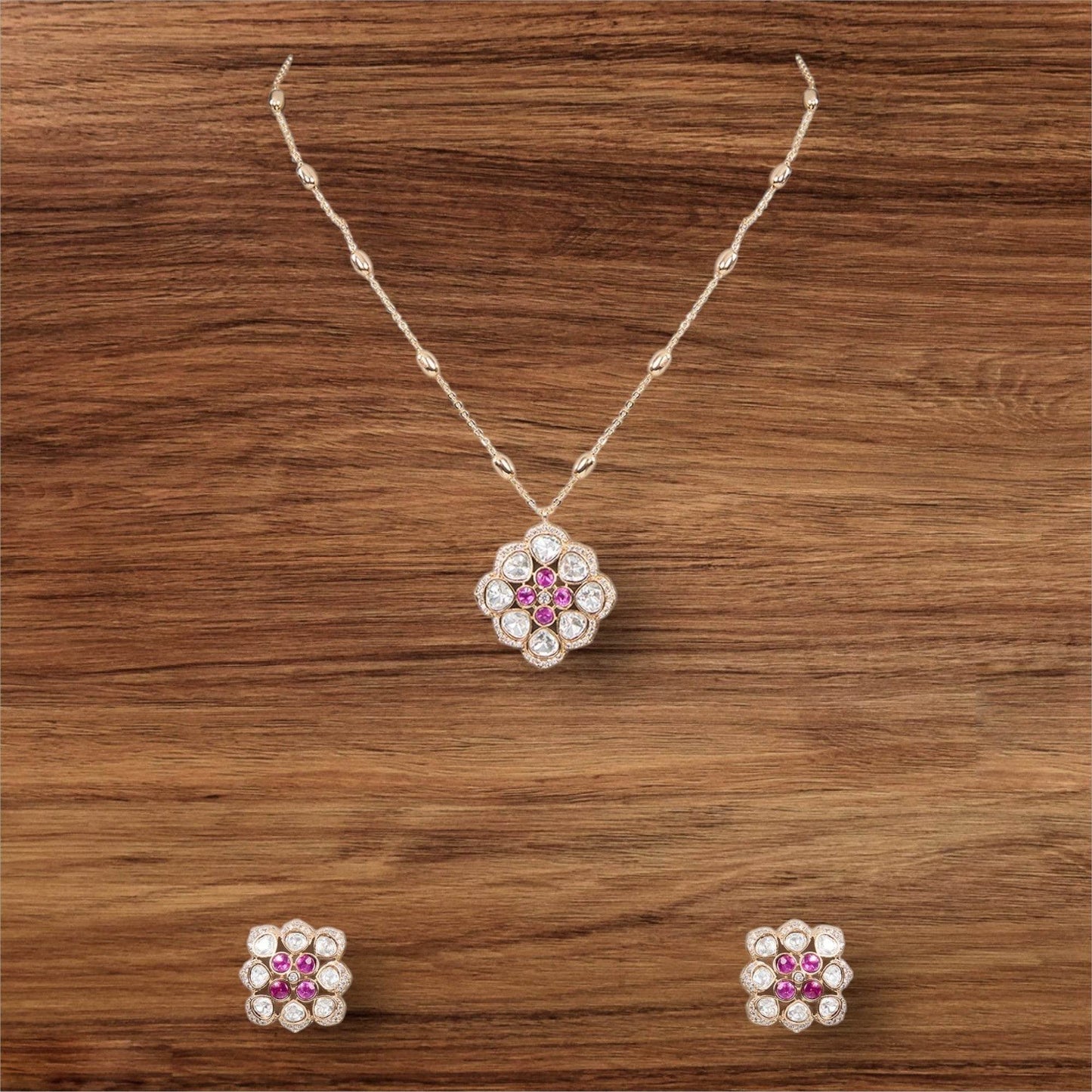 Floral Kundan Pendant Necklace and Earring Set - Auraa Trends