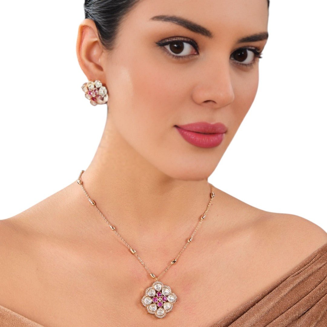 Floral Kundan Pendant Necklace and Earring Set - Auraa Trends - Pendant - # - Auraa Trends - Floral Kundan Pendant Necklace and Earring Set