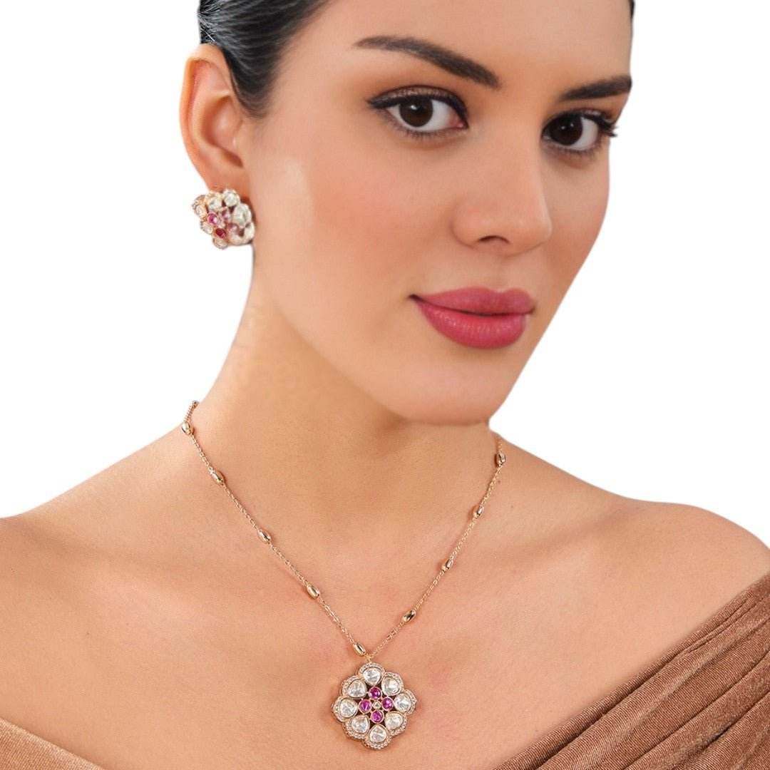 Floral Kundan Pendant Necklace and Earring Set - Auraa Trends