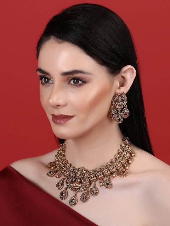 22KT-Gold-Plated Necklace Temple Jewelry Set with Earrings - Auraa Trends