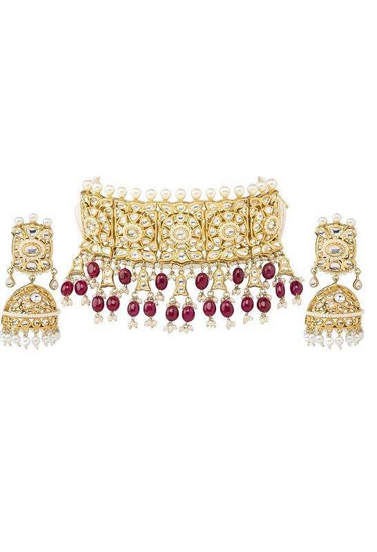 Glamorous Golden Pearl Kundan Choker Necklace Set - Auraa Trends