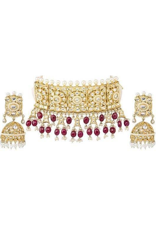 Glamorous Golden Pearl Kundan Choker Necklace Set - Auraa Trends