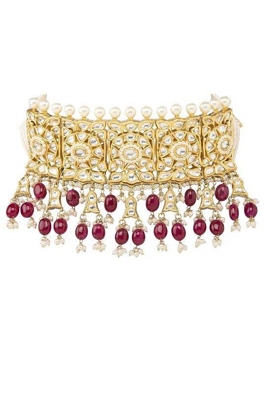 Glamorous Golden Pearl Kundan Choker Necklace Set - Auraa Trends