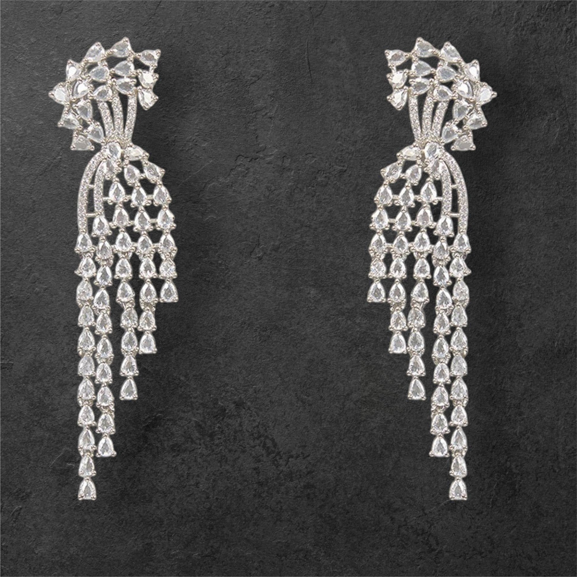 Glamorous Silver-Toned Crystal Dangler Earrings with Cascading Chandelier Earrings - Auraa Trends