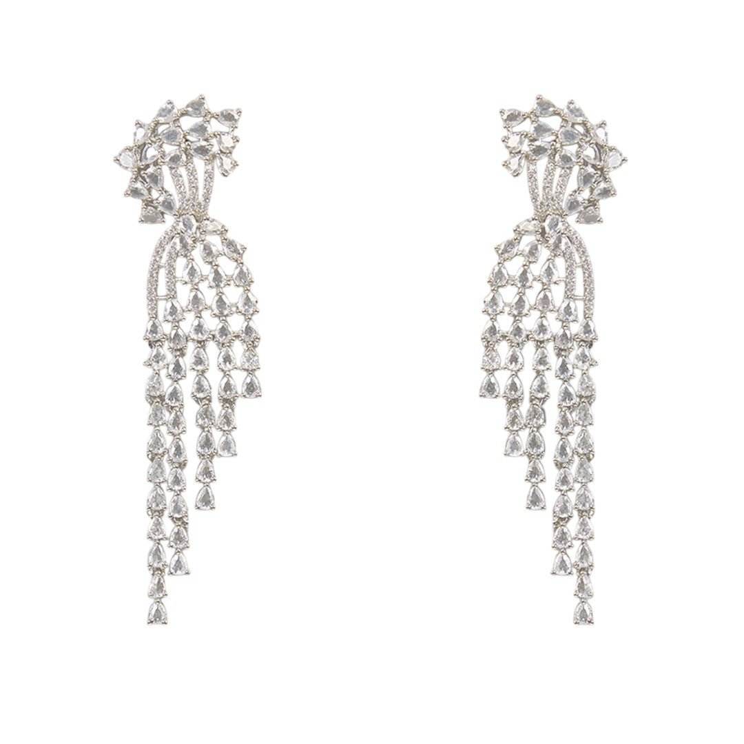 Glamorous Silver-Toned Crystal Dangler Earrings with Cascading Chandelier Earrings - Auraa Trends