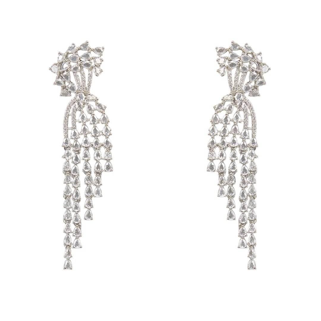 Glamorous Silver-Toned Crystal Dangler Earrings with Cascading Chandelier Earrings - Auraa Trends