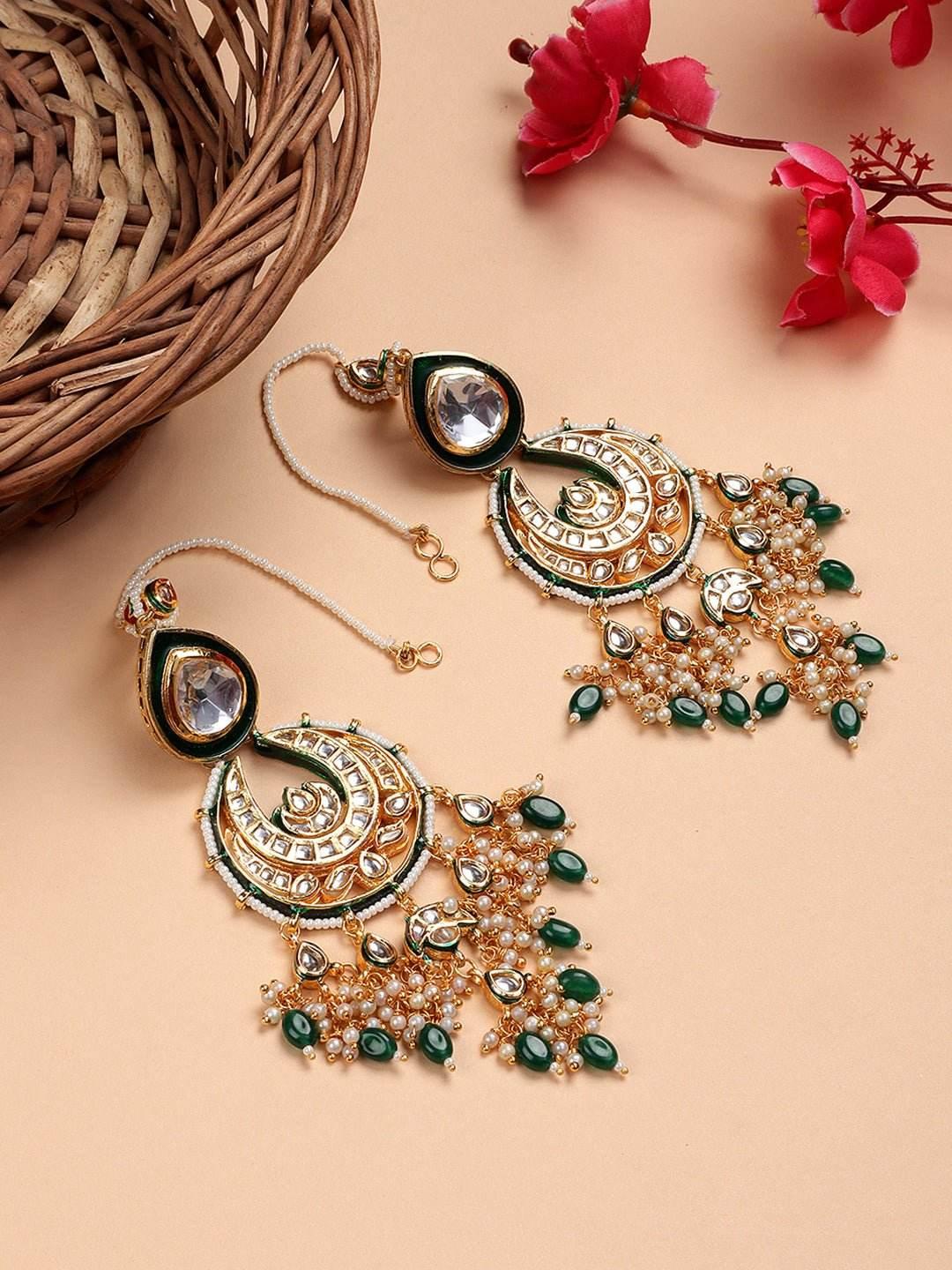 Gleaming Gold-Plated Dark Green Chandbaali Earrings for Girls - Auraa Trends