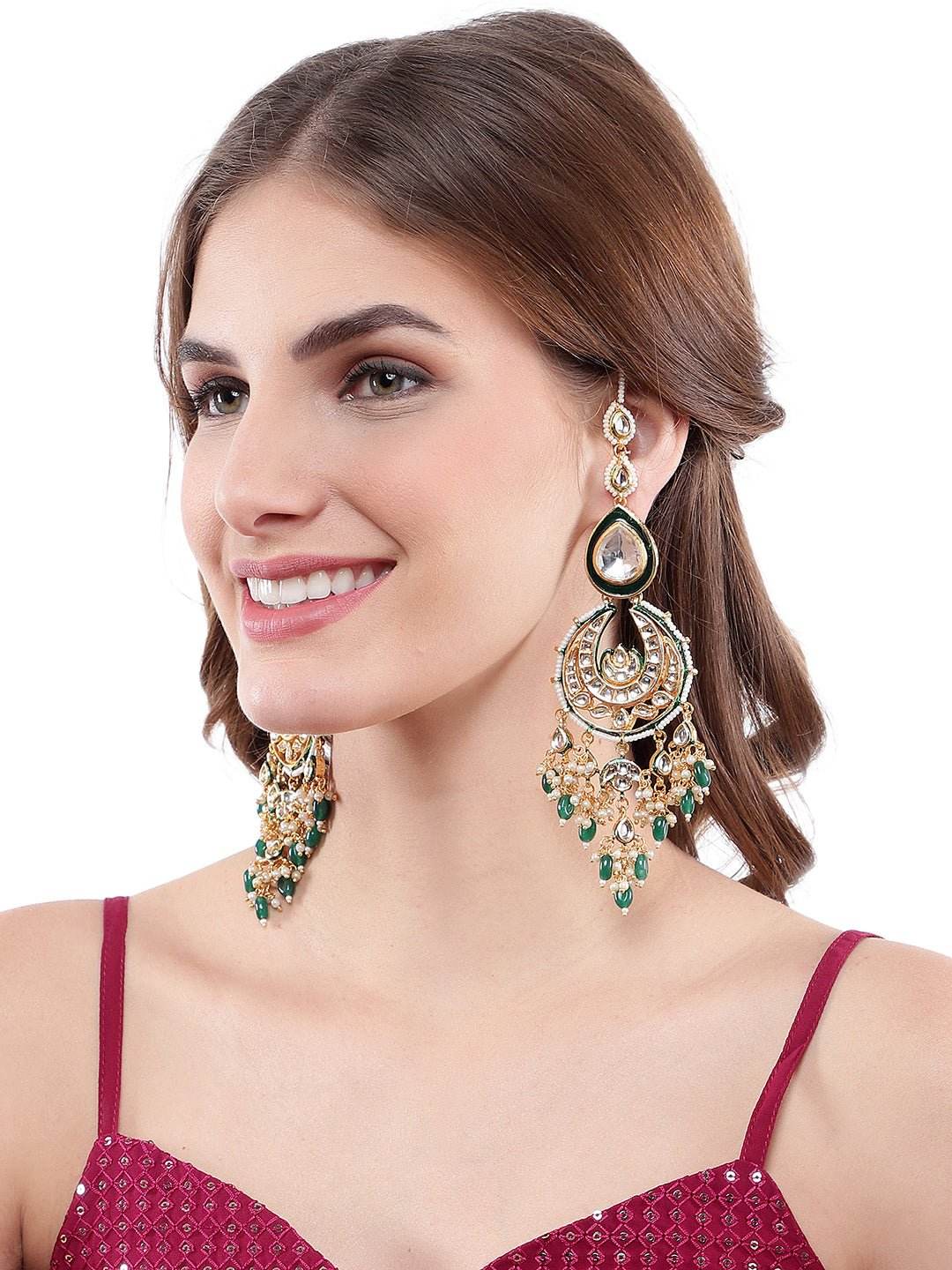 Gleaming Gold-Plated Dark Green Chandbaali Earrings for Girls - Auraa Trends