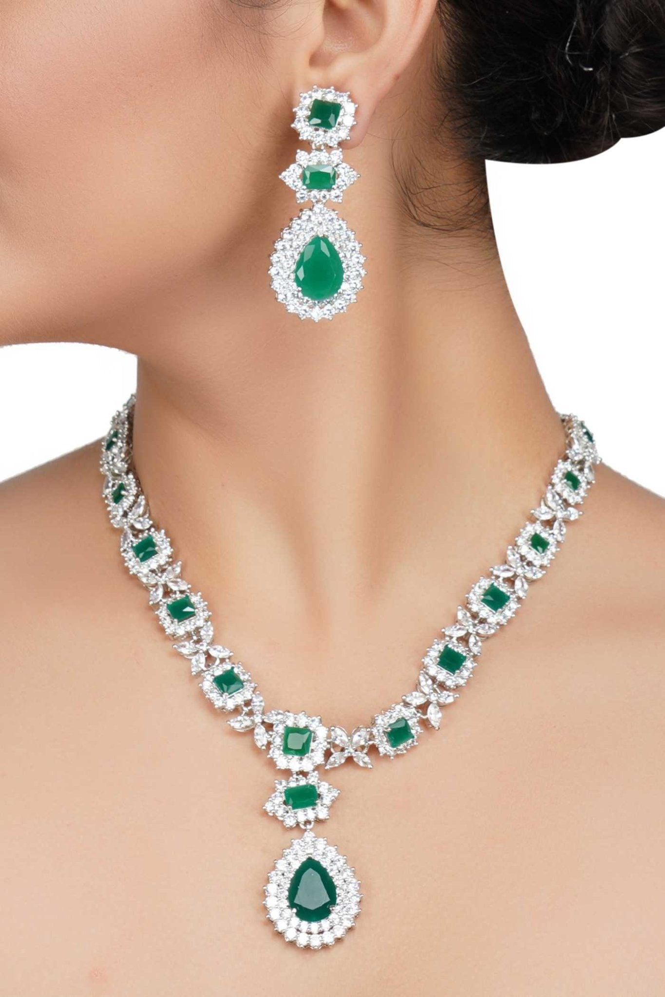 Glittering Rhodium Finish Diamante Necklace Set - Auraa Trends - Necklaces - Get Rhodium Finish Diamante Necklace Set Online