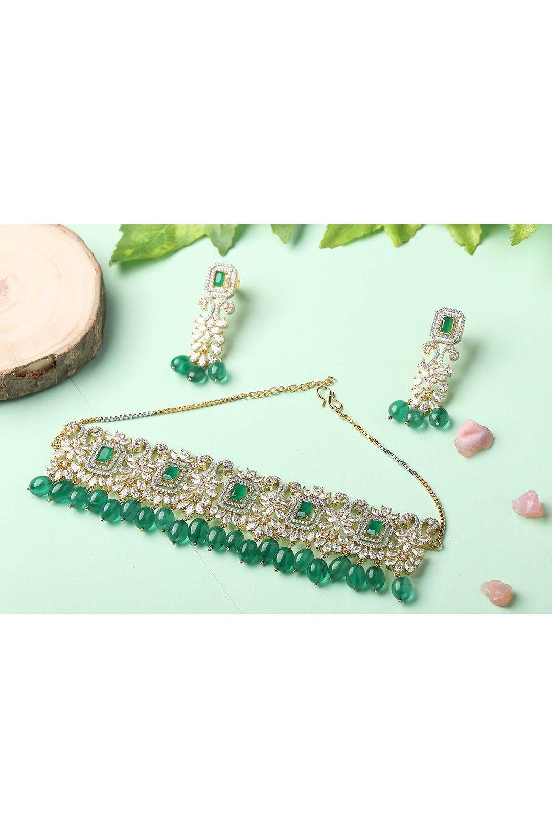 Glittering Rhodium Plated American Diamond Choker Set - Auraa Trends