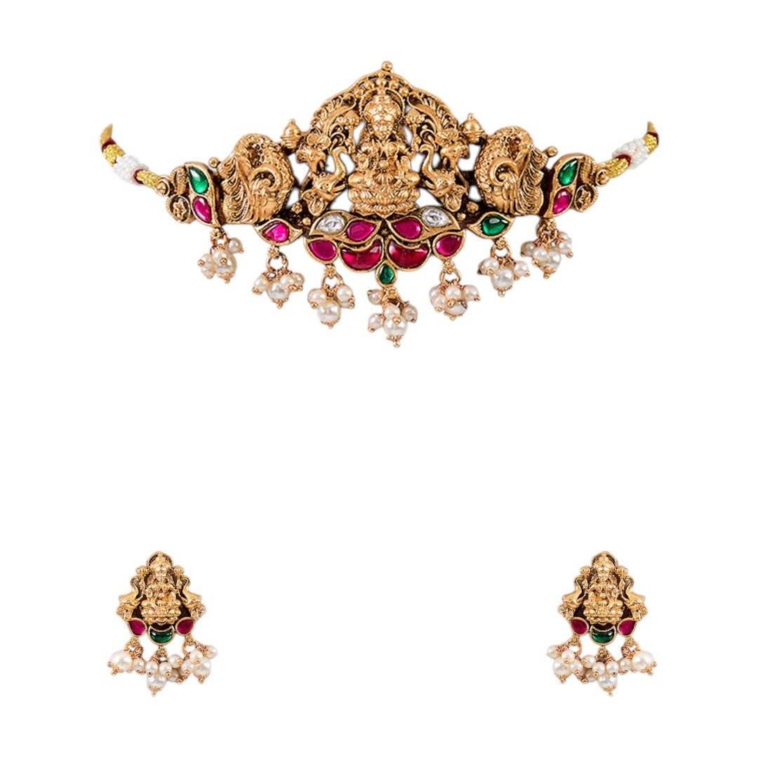 Goddess Lakshmi Antique Temple Choker Necklace Set Ruby Pearl Drops - Auraa Trends