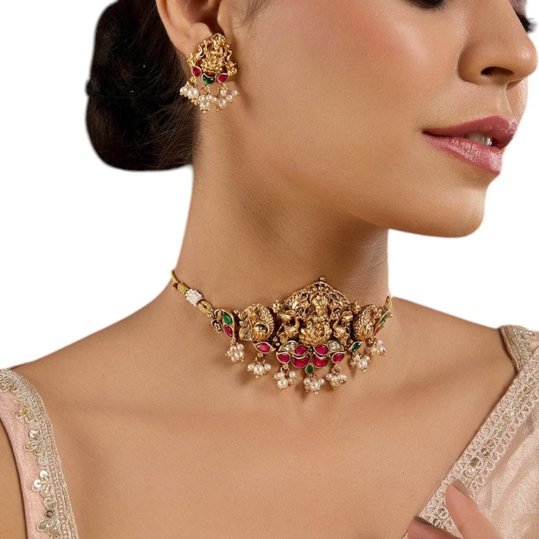 Goddess Lakshmi Antique Temple Choker Necklace Set Ruby Pearl Drops - Auraa Trends