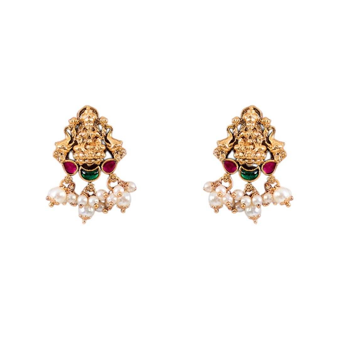 Goddess Lakshmi Antique Temple Choker Necklace Set Ruby Pearl Drops - Auraa Trends