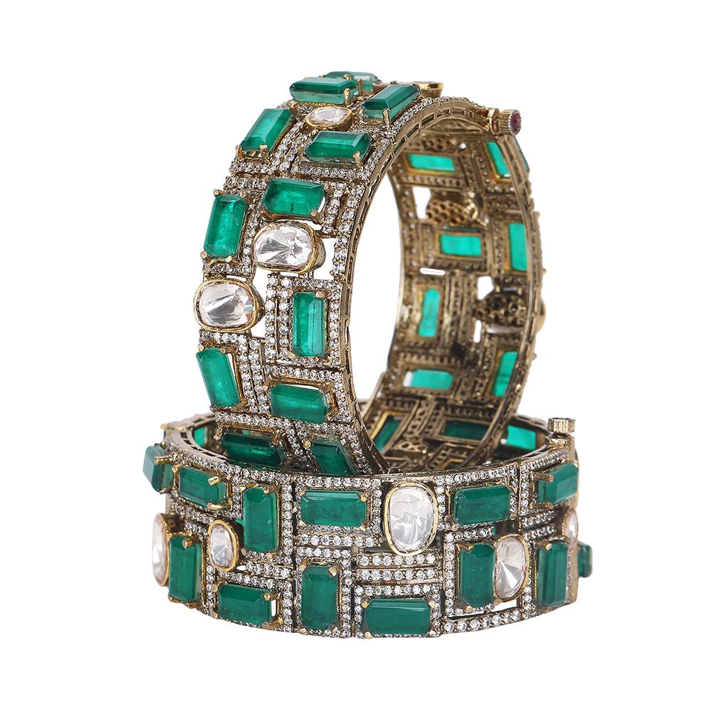 Gold Bangles with Deep Green Ruby Accents - Auraa Trends - Bangles- Auraa Trends - Gold Bracelet with Deep Green Ruby Accents