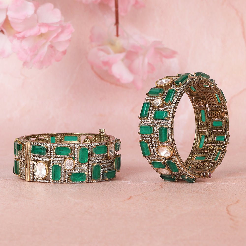 Gold Bangles with Deep Green Ruby Accents - Auraa Trends - Bangles- Auraa Trends - Gold Bracelet with Deep Green Ruby Accents