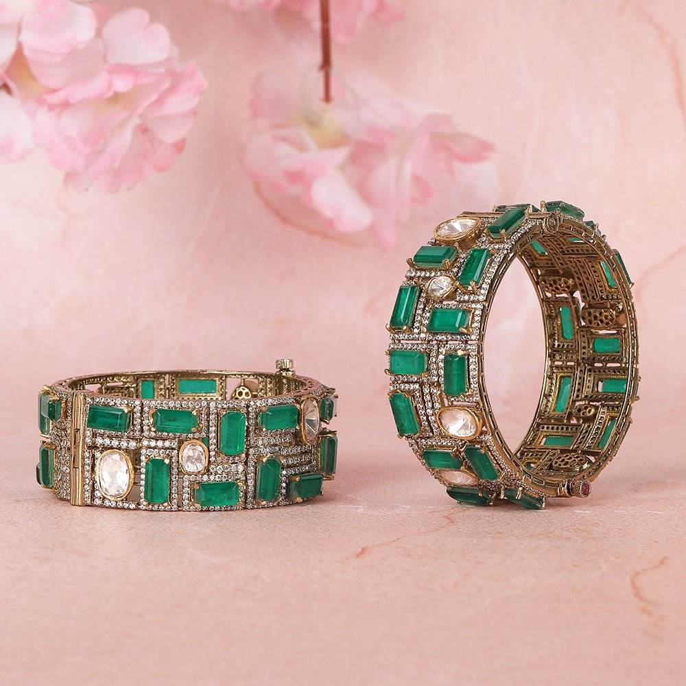 Gold Bangles with Deep Green Ruby Accents - Auraa Trends