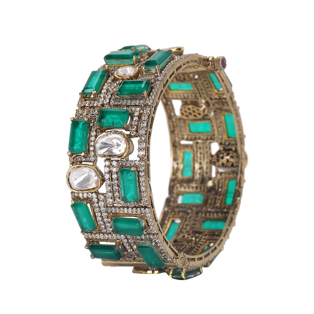 Gold Bangles with Deep Green Ruby Accents - Auraa Trends - Bangles- Auraa Trends - Gold Bracelet with Deep Green Ruby Accents