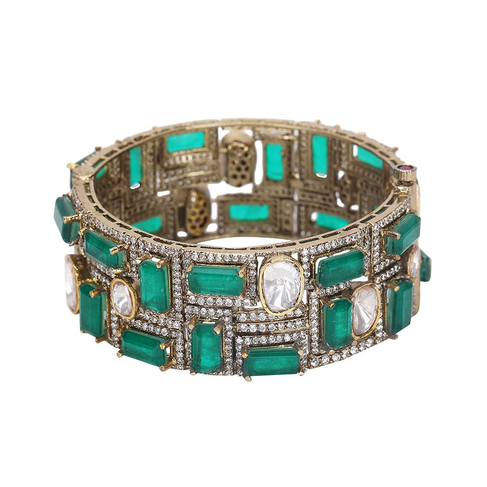Gold Bangles with Deep Green Ruby Accents - Auraa Trends - Bangles Auraa Trends - Gold Bracelet with Deep Green Ruby Accents